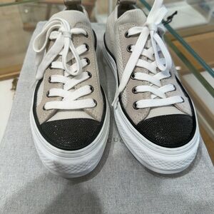 Brunello Cucinelli Beige and Black Canvas Sneakers